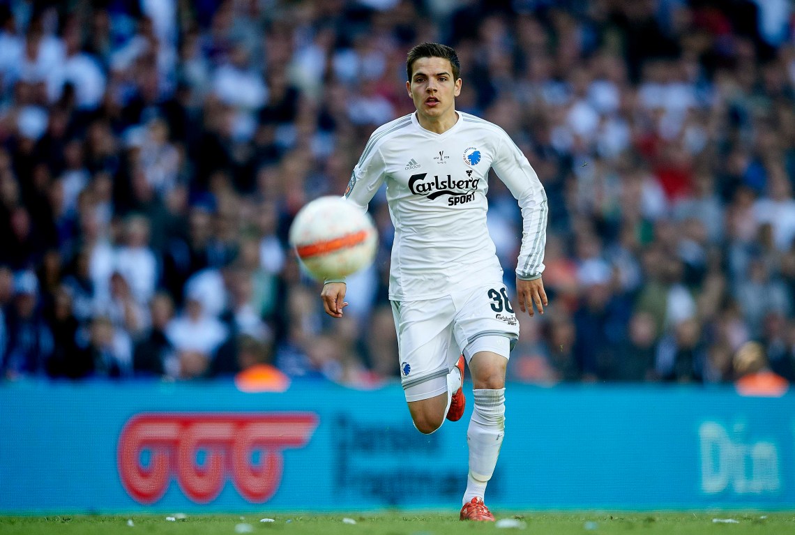 COPENHAGEN, DENMARK - MAY 14: Brandur Olsen of FC Copenhagen in action during  the DBU Pokalen Cup Final match between FC Vestsjalland and FC Copenhagen at Telia Parken Stadium on May 14, 2015 in Copenhagen, Denmark. (Photo by Lars Ronbog / FrontZoneSport via Getty Images)